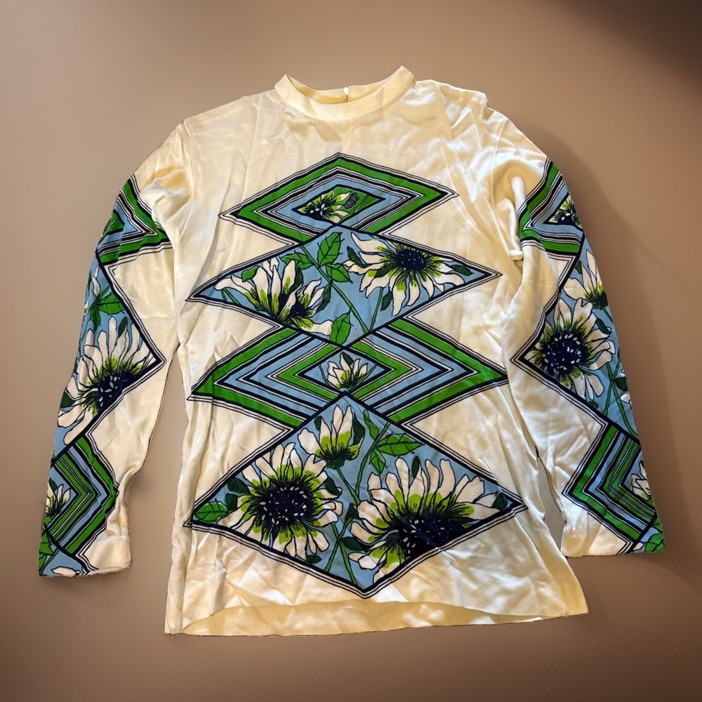 Vintage MCM Floral Top Womens S M  Hippie Green Blue Cream